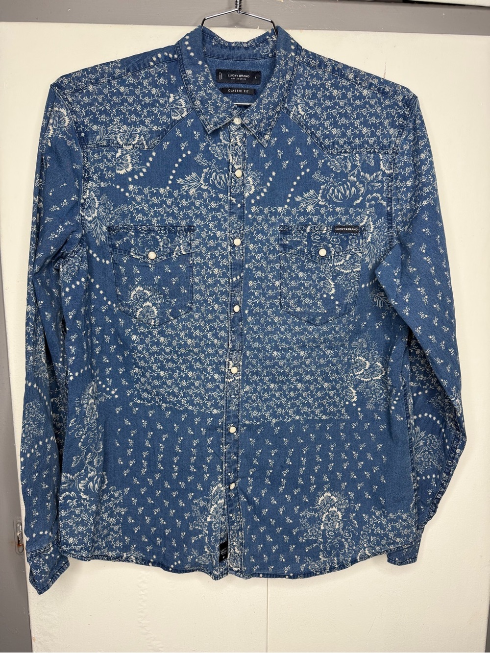 Lucky Brand Men Indigo Blue Western Long Sleeve Snap Shirt Classic Large Floral